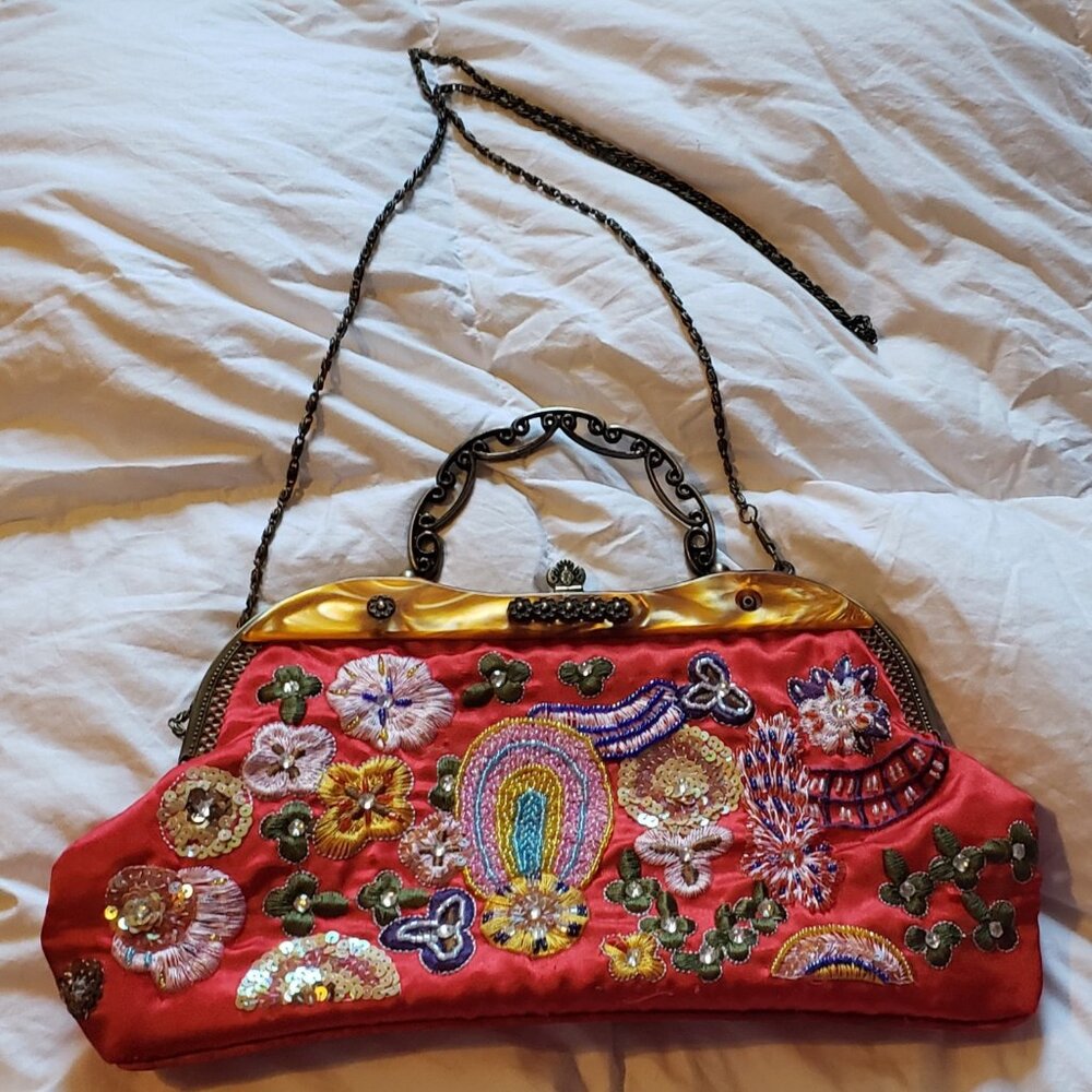 1990s Y2K Red Embroidered Beaded Sequins Bag Clutch Purse Mother of Pearl